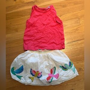 Mini Boden Bird Appliqué Skirt with Colorful Trim and Coral Tank Top